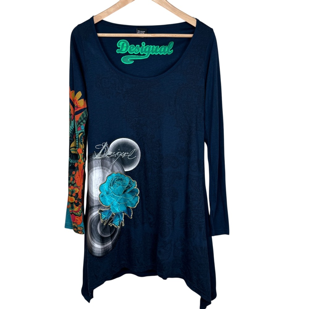Desigual Y2K Women Navy Blue Long Sleeve Graphic‎ Rose Patch Tunic Top Large
